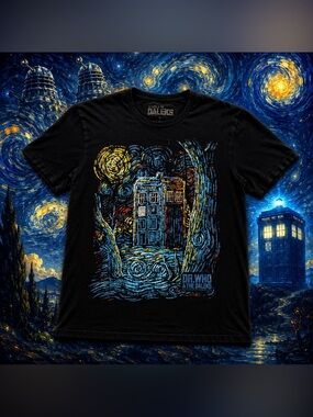 Doctor Who Daleks TARDIS Starry Night Graphic T Shirt Black Large